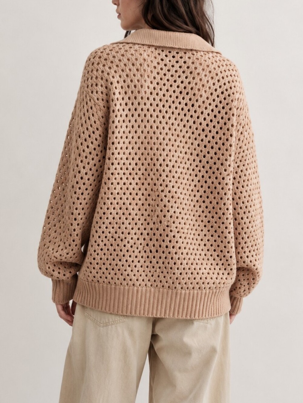 Aerie Open Knit Oversized Polo Sweater in Brown/Tan 100% Cotton Size XL NEW NWT - Picture 2 of 8